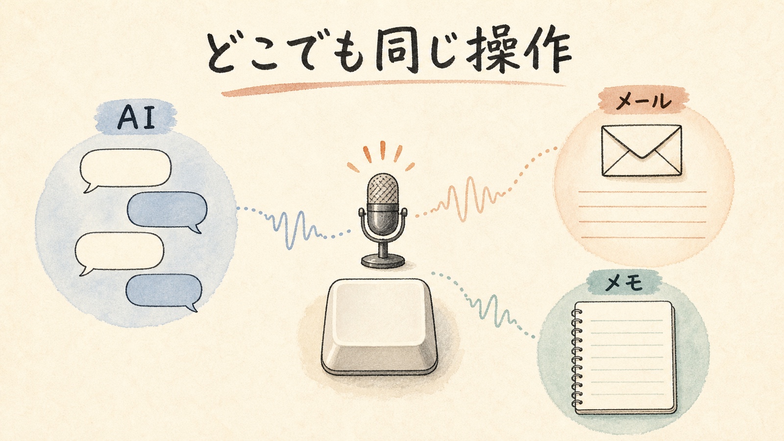 同じ音声入力をAI、メール、メモで使うイメージ