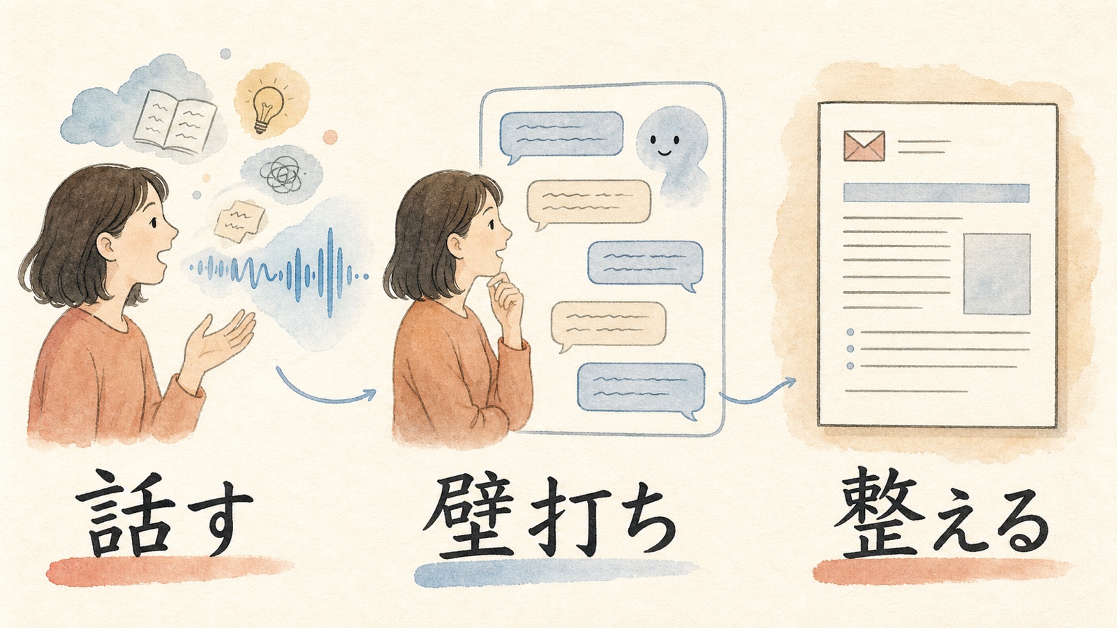 音声入力で話し、AIと壁打ちし、文章を整える3段階の流れ